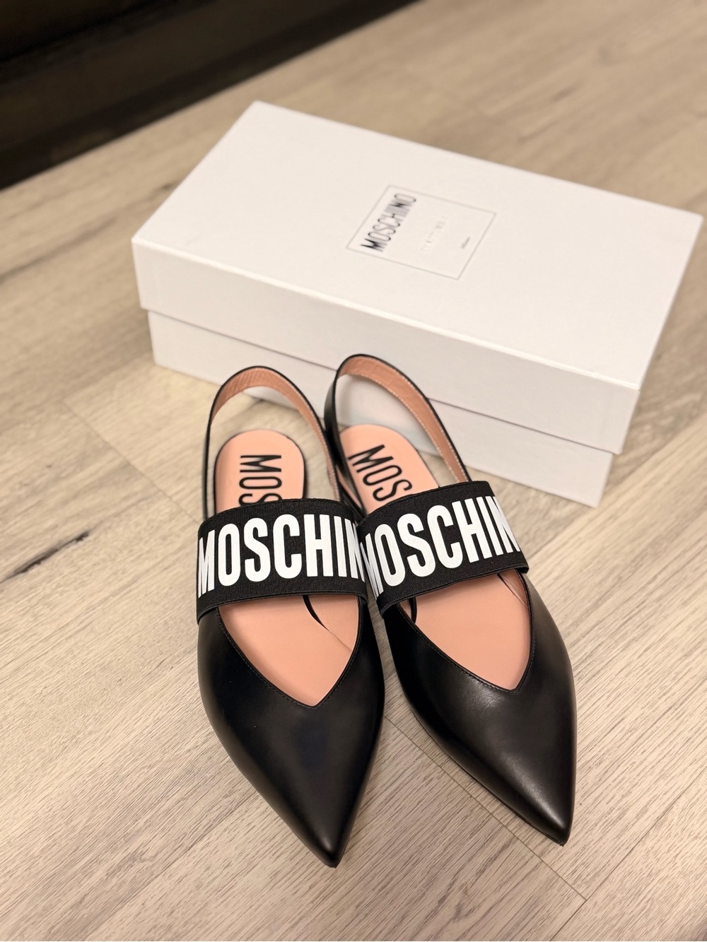 Moschino Black Pointed Leather Logo Strap Flats